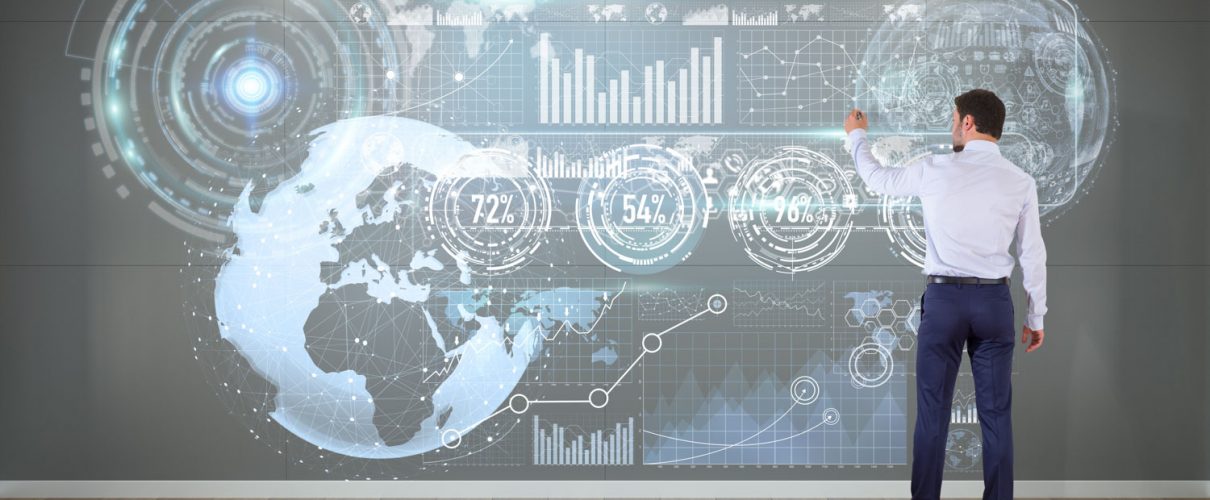 Businessman using graph screens interface on a wall 3D rendering Auroch Corporate - Compléments - Accessoires - Technologies